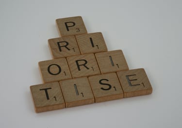 a pyramid shaped wooden block with the words prioritise
