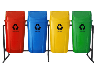 a row of three rectanglel trash cans with recycling bins