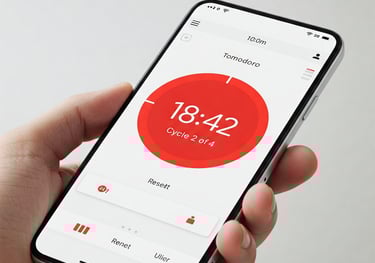 Una mano sujeta un smartphone y en su pantalla se ve un temporizador redondo con fondo rojo.