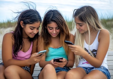 Fotografía de 3 adolescentes viendo sus celulares en la playa