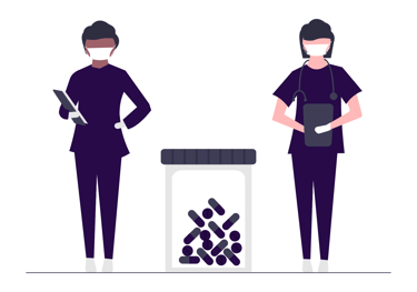 Two medical doctors, nurses, or assistants with masks on and chart in hand.