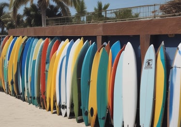 A vibrant beach scene with children learning to surf under the guidance of an instructor.