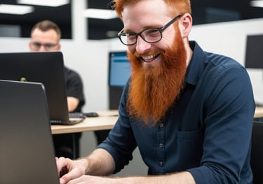 Helpdesk technician smiling on his computer while helping people.
