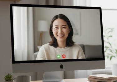 Woman smiling during a virtual coaching session displayed on a computer screen.