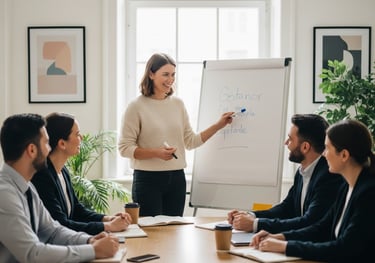 Professional woman presenting to a group during a meeting in a bright office.