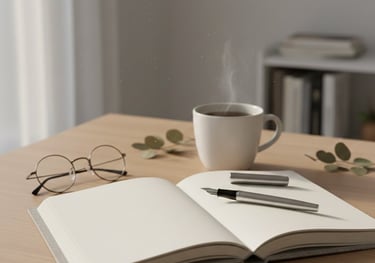 Open journal with a pen, reading glasses, and a cup of coffee on a wooden desk.