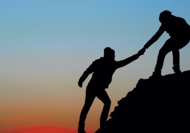 two people holding hands on a mountain top