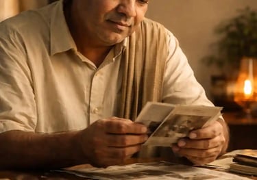 Indian man viewing old photographs and documents, blurred clock in background, calm introspective mood, warm neutral tones.