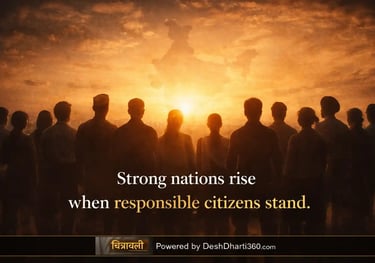 Silhouettes of diverse Indian citizens united under sunrise, symbolizing civic responsibility and peace building.