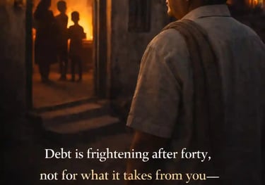 Indian man standing outside a modest home at dusk, family silhouettes inside, sense of responsibility and concern.