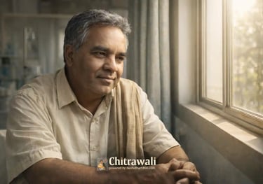 Middle-aged Indian man sitting by a hospital window with soft sunlight, thoughtful expression, subtle medical setting.