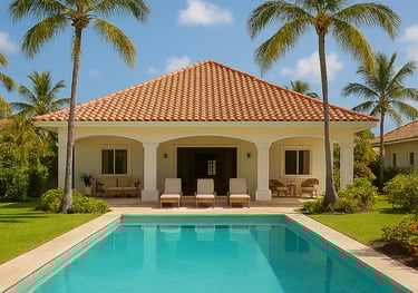 a house with a pool and palm trees