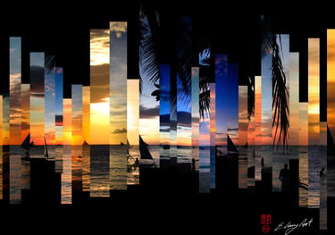 digital photo montage print, collage photography, sunsets, Boracay, Philippines, slices, black, travel enthusiast
