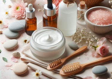 a variety of beauty products including body scrubs and essential oils