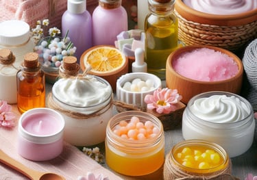 various colored homemade body products in bowls and jars