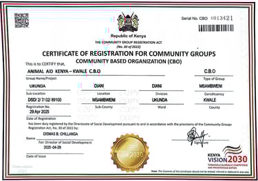 Official Kenyan Government Certificate of CBO Registration for Animal Aid Kenya