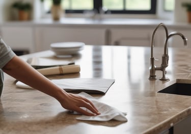 Close-up of a polished quartz countertop with soft natural light.
