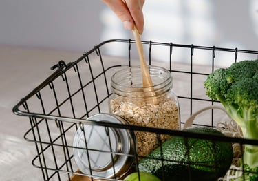 Healthy basket with oats, broccoli, avocado