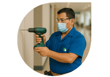 Técnico de NOAM realizando mantenimiento preventivo en instalaciones con taladro eléctrico