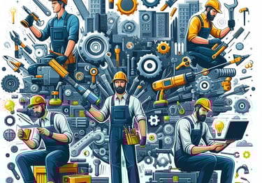 a man in overalls and overalls working on a laptop