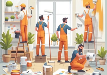 a group of people in orange overalls and overalls paint