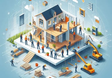 a group of people working on a house