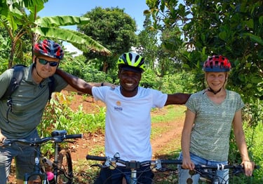 Louis with friends on the Jinja Bike Tour