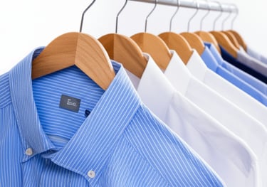 A row of neatly pressed men's shirts on wooden hangers.