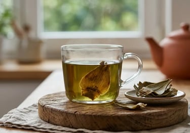 Chá quente de alcachofra em uma caneca de vidro sobre uma tábua de madeira rústica, com folhas secas