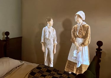 mother and son holograms in a bedroom