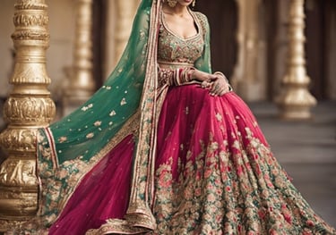 a woman in a red and green dress with a green and gold dress