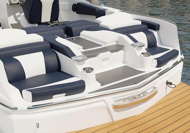 luxury boat with black and white vinyl upholstery 