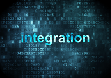 a blue and white image of a word that says integration