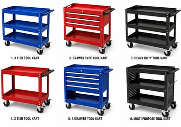 Selection of heavy duty rolling tool carts with drawers and shelves in red, blue, and black for garage storage.
