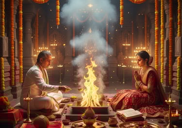 Puja thali arranged with kumkum, rice, diya, and flowers