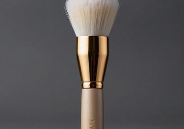A high-end beauty applicator brush with a gold handle and white bristles, standing upright. The background is a soft-focus dark gray. Minimalist and luxury design.