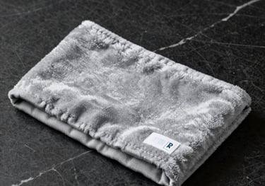A plush, branded headband in silver-gray fabric, neatly folded on a dark marble surface. Clean, modern beauty product photography.