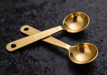 Two elegant gold-plated measuring spoons resting on a dark velvet surface. Luxury aesthetic, North American / Western European style lighting.