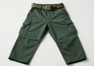 A pair of dark green uniform pants and a sturdy scout belt laid out flat on a clean white surface, professional product photography.