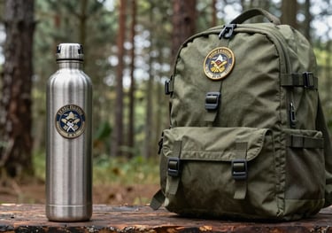 A durable aluminum water canteen and a compact backpack with scout badges, positioned against a background of Brazilian pine trees.