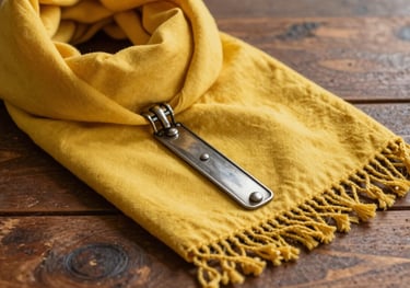 Detailed shot of a yellow Desbravadores scarf with a metal arganel slide, resting on a rustic wooden table, South American / Brazilian daylight.