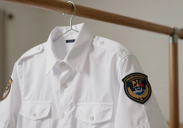 Close-up photography of a pristine white Desbravadores uniform shirt with official patches on the sleeve, hanging on a wooden rail, soft natural indoor lighting.