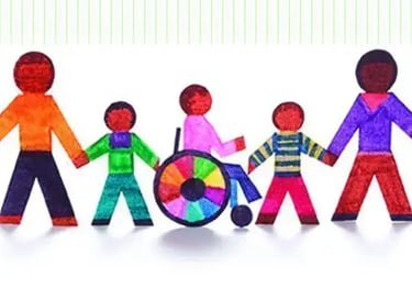 Colorful paper cutout figures holding hands including a person in a wheelchair representing diversity and inclusion.