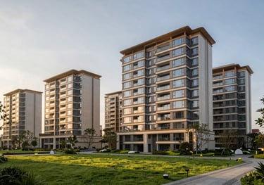 An architectural photograph of a luxury real estate development in Vietnam during the golden hour, showing modern building facades and lush landscaping.
