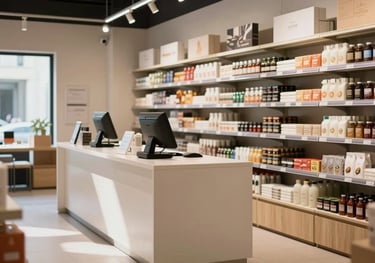 A clean, modern retail store interior in Vietnam showing organized product shelves and a sleek checkout counter, photographed in natural bright light.