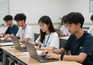 A modern classroom or vocational training center in Southeast Asia with students using laptops in a collaborative, professional environment.