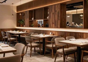 A professional interior photograph of a modern, stylish Vietnamese restaurant in Ho Chi Minh City, showcasing elegant wooden furniture and warm lighting, emphasizing a clean and inviting atmosphere.