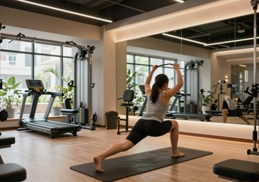 An action-oriented photograph of a high-end gym and yoga studio in Ho Chi Minh City with modern equipment and a serene atmosphere, featuring professional lighting.
