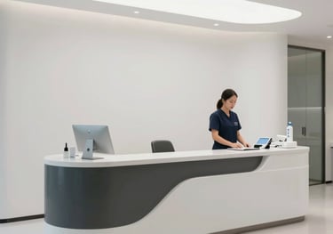 A bright and sterile modern dental clinic or high-end spa reception area in Southeast Asia, featuring minimalist white and charcoal decor with professional staff in the background.