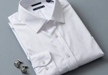 An overhead shot of a white silk shirt neatly folded on a gray-blue surface, accompanied by a pair of silver cufflinks, International / Western luxury.
